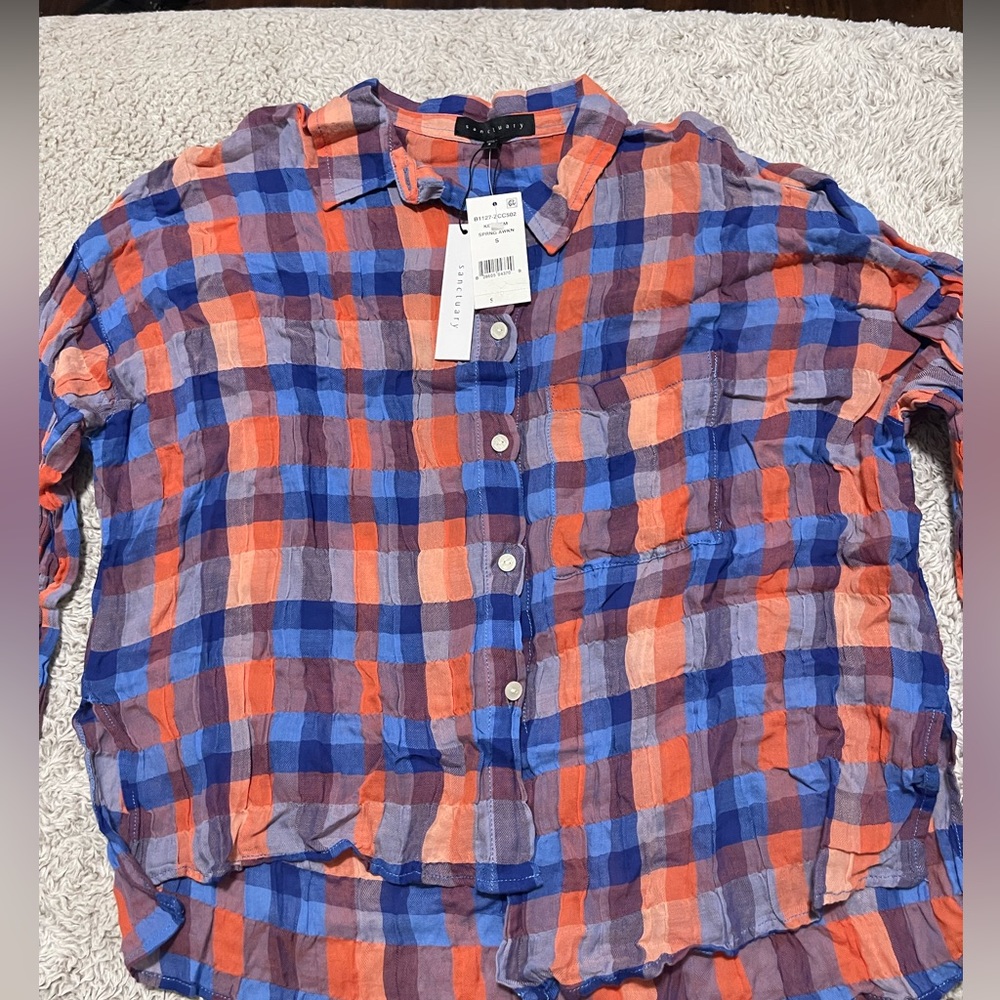 Sanctuary Plaid Orange Blue Boyfriend Shirt Button Top